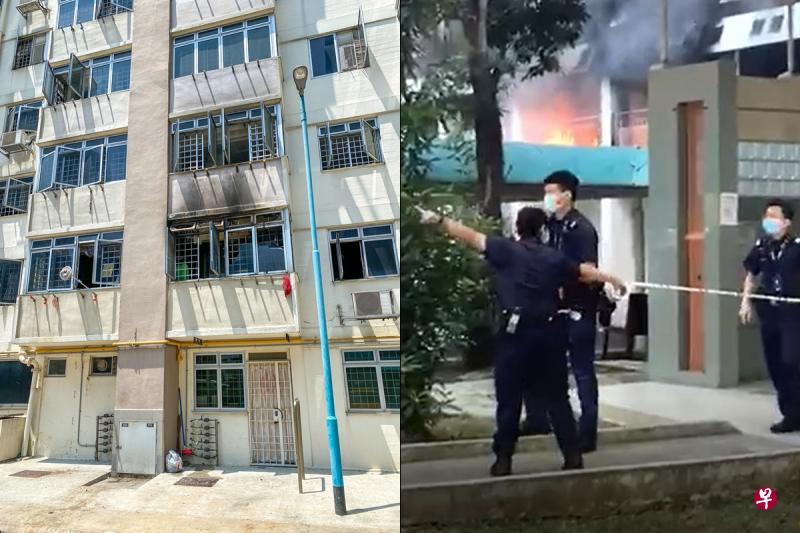 火势在二楼单位蔓延,警员到场提供支援,在组屋楼下拉上封锁线(右图,读者提供)。事发单位共有六人,父母及一名儿子情急下从厨房的窗户跳楼逃生;儿子以及抱着孩子的女儿则夺门逃走(左图,林泽锐摄)。 火势在二楼单位蔓延,警员到场提供支援,在组屋楼下拉上封锁线(右图,读者提供)。事发单位共有六人,父母及一名儿子情急下从厨房的窗户跳楼逃生;儿子以及抱着孩子的女儿则夺门逃走(左图,林泽锐摄)。