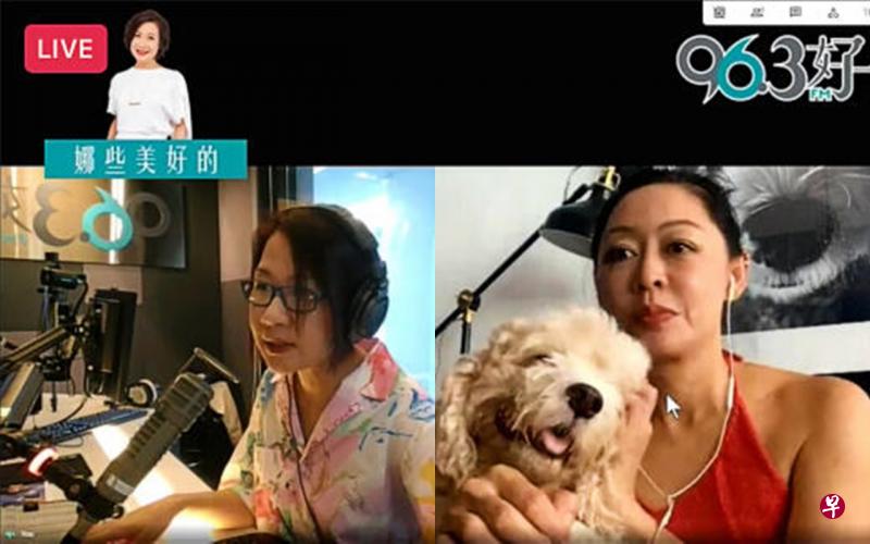 薛素珊(右)今早抱着爱犬入镜。左为电台96.3好FM主持人林安娜。(面簿截图) 薛素珊(右)今早抱着爱犬入镜。左为电台96.3好FM主持人林安娜。(面簿截图)