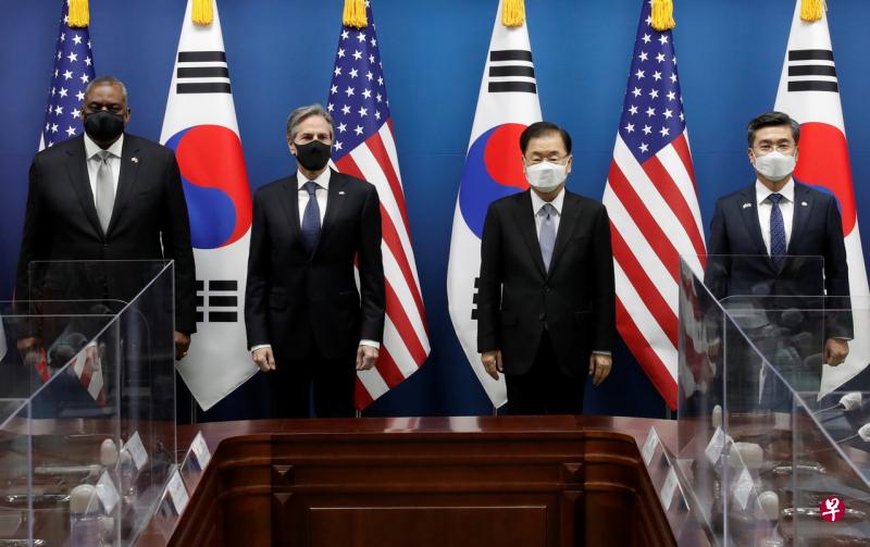 美韩外长防长举行“2+2”会谈，图为美国国防部长奥斯汀（左起）、美国国务卿布林肯、韩国外交部长官郑义溶及韩国国防部长官徐旭。（路透社）

 