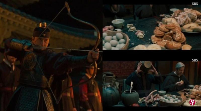 《朝鲜驱魔师》因在明朝边境义州宴请西方驱魔师（右下图），餐桌上出现月饼、皮蛋等中国食物，引发韩国民众反感。（互联网）
