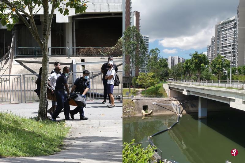 事发地点位于实龙岗弯上段的水道(右图),死者遗体被打捞上岸后,被仵作和警员抬上黑车(左图)。(陈渊庄摄) 事发地点位于实龙岗弯上段的水道(右图),死者遗体被打捞上岸后,被仵作和警员抬上黑车(左图)。(陈渊庄摄)