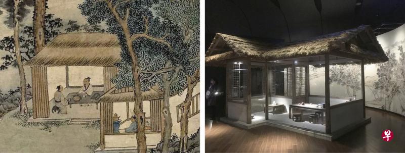 明代文征明《品茶图》描绘他在山居间草堂茶寮与友共茗的悠然情景。(作者提供)台南故宫现代仿建此图中的茶寮。(作者摄) 明代文征明《品茶图》描绘他在山居间草堂茶寮与友共茗的悠然情景。(作者提供)台南故宫现代仿建此图中的茶寮。(作者摄)