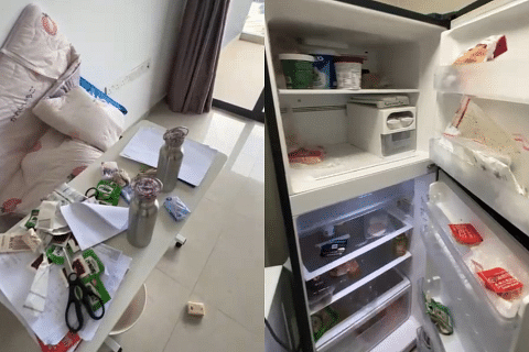 左图：客厅留有垫子，水瓶等杂物。右图：冰箱留有冰淇淋，火腿肠等食物。（受访者提供）